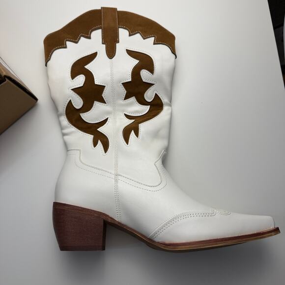 Women White Patchwork Cowboy Boots Wide Calf Western Cowgirl Mid Calf - Picture 4 of 11